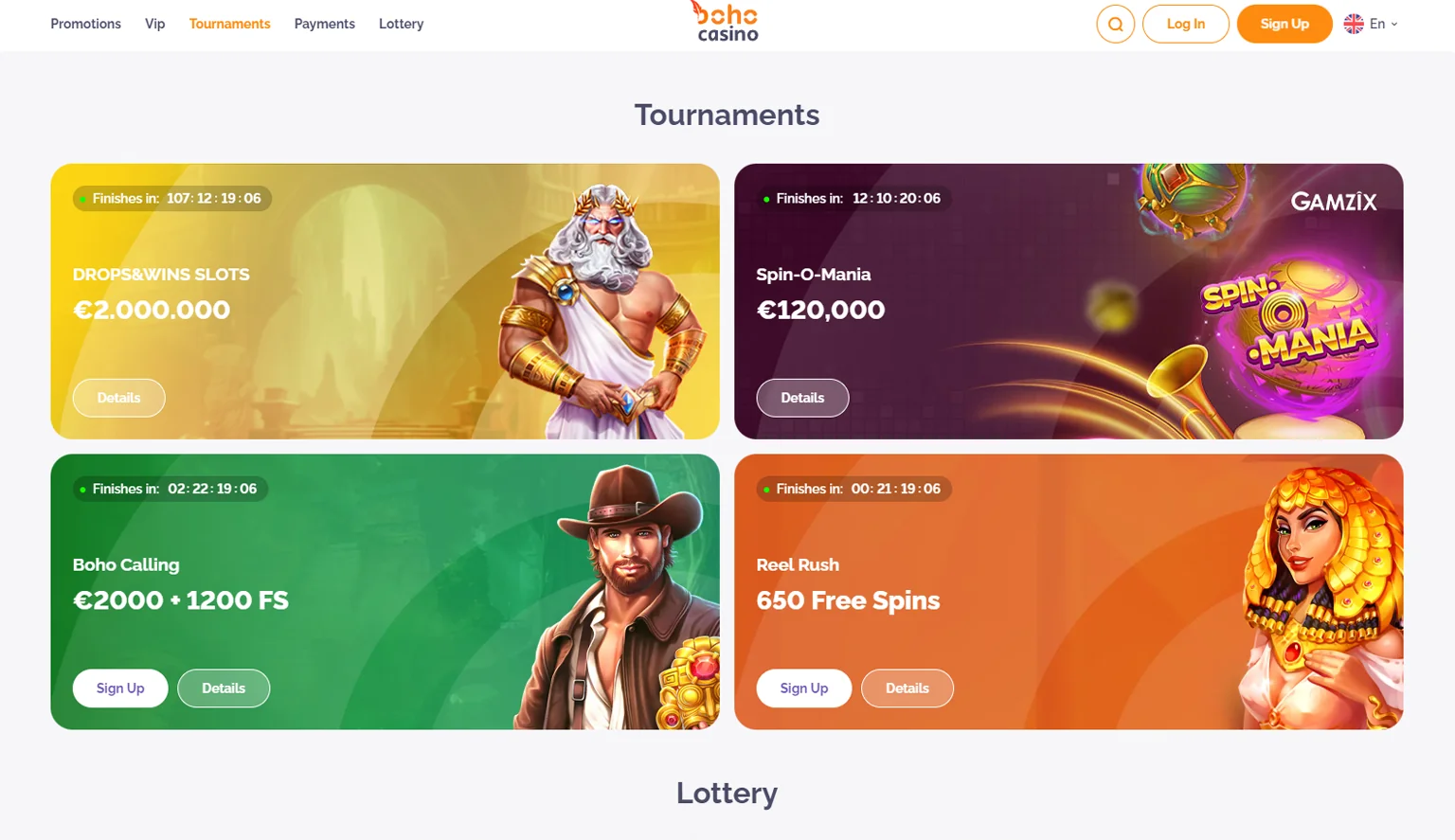 Tournaments with prizes page on Boho Casino website