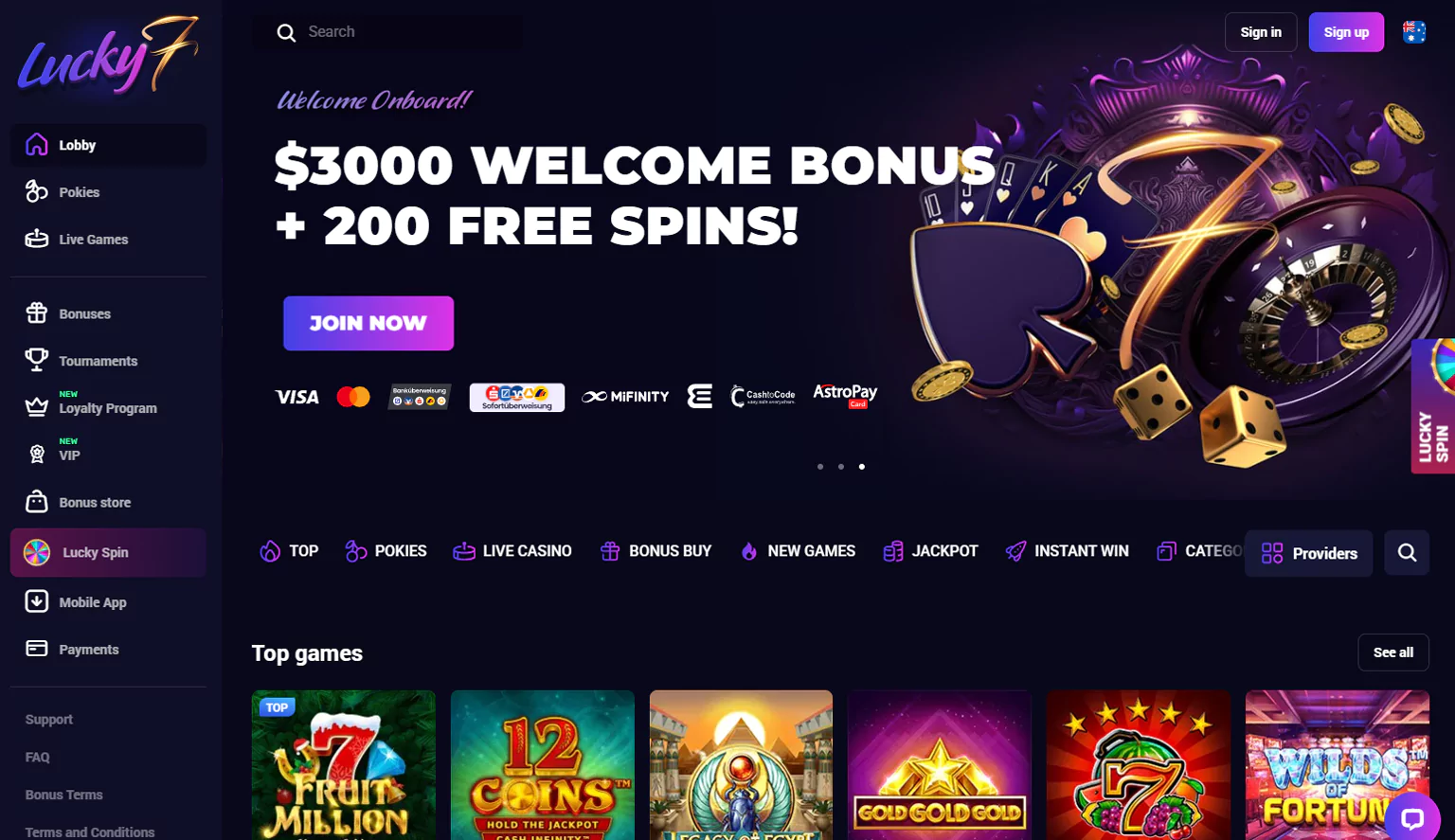 Main page screen of lucky7even casino