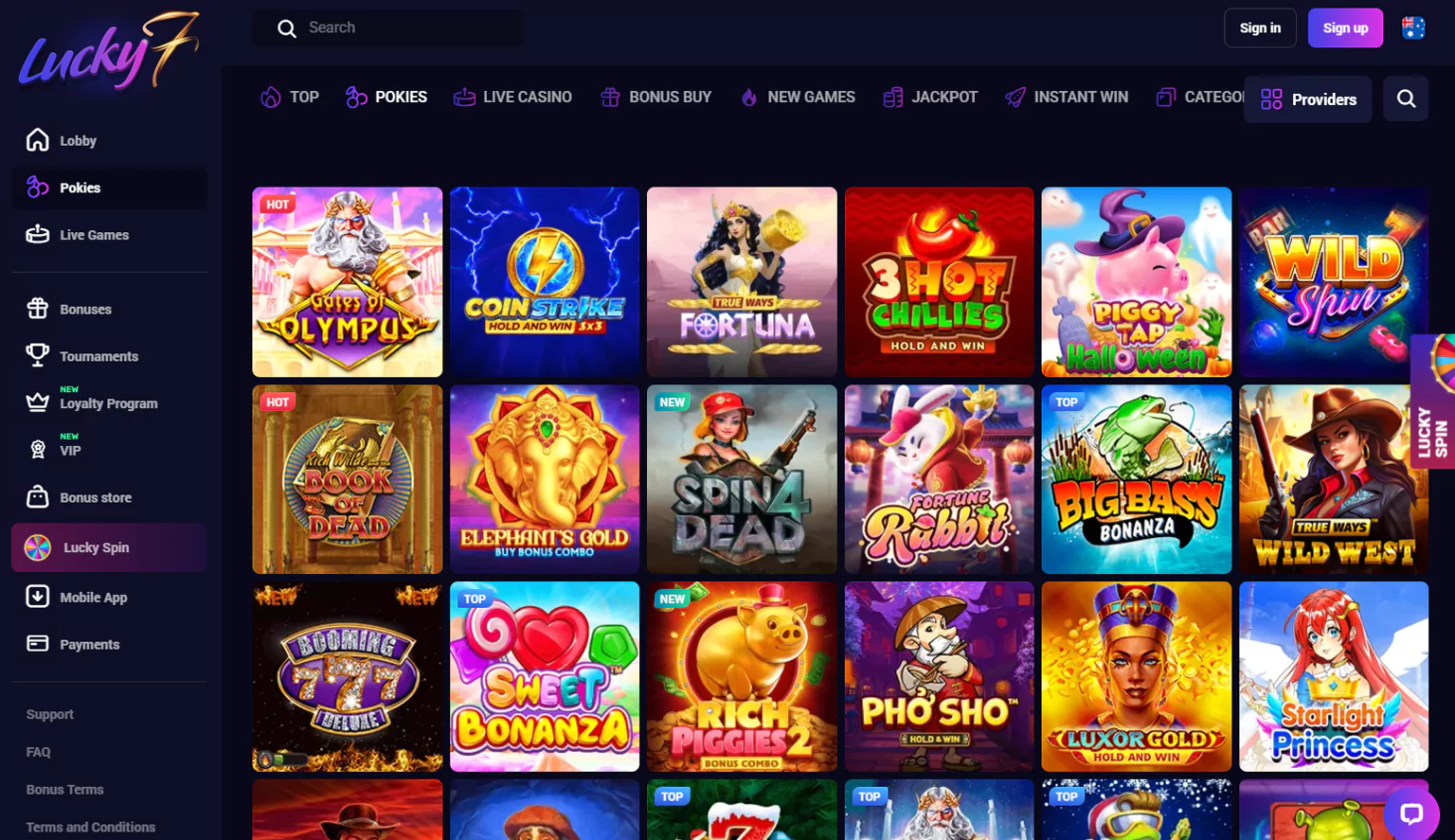 Screen section of the casino on lucky7even's website