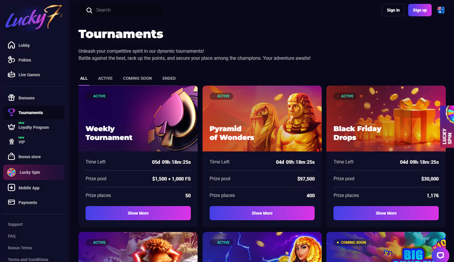 Tournaments with prizes at Lucky7even Casino - screenshot