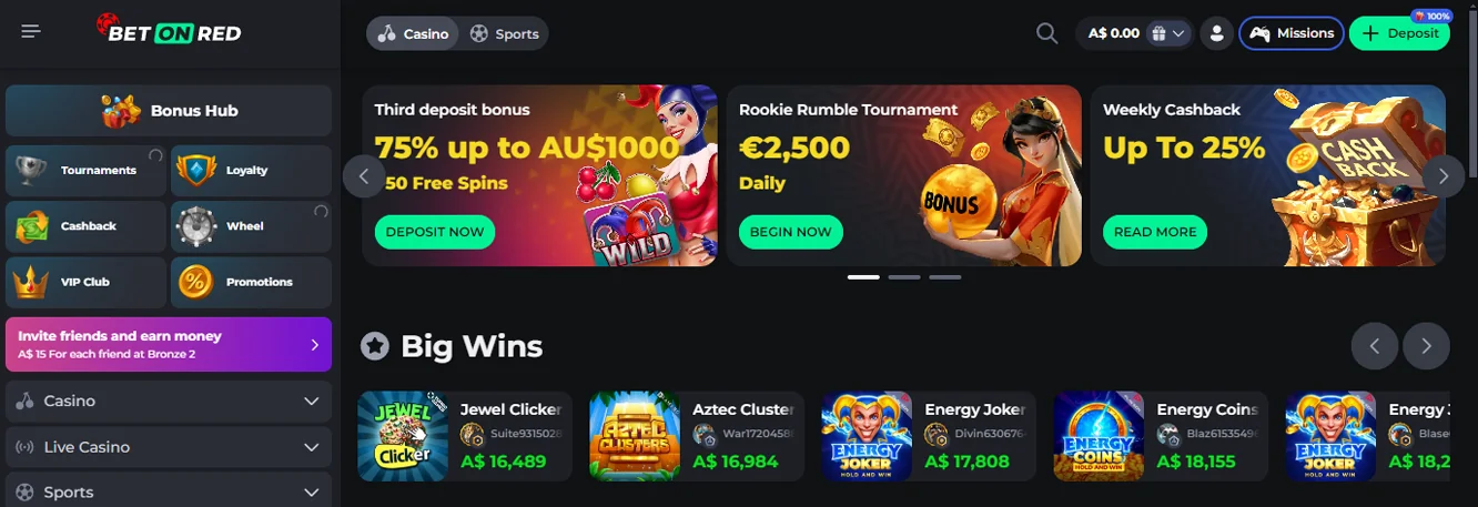 Screenshot of BetOnRed Casino for Australian residents