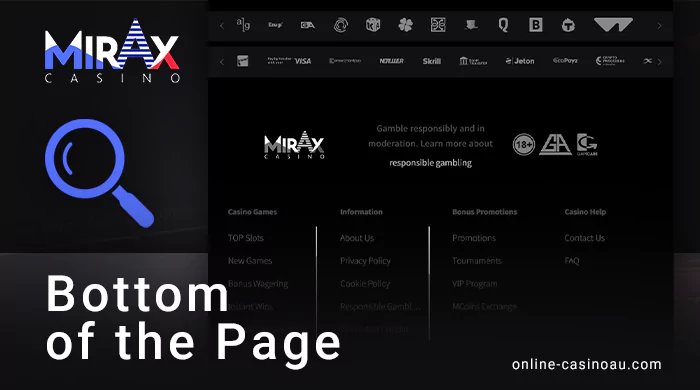 Bottom of the Mirax casino website - important links