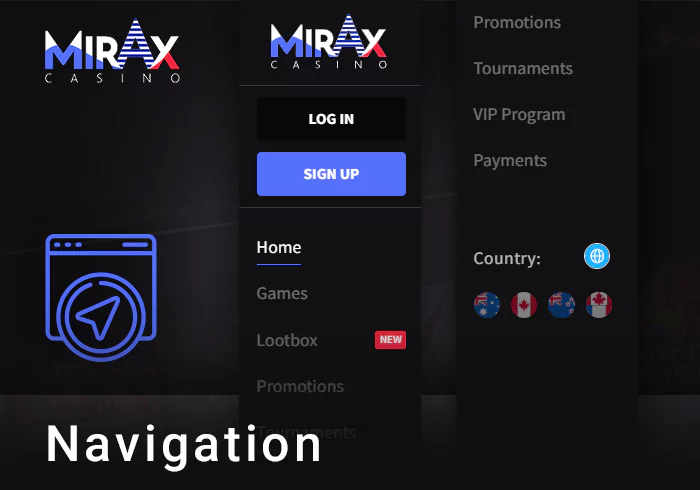 Main menu at Mirax Casino - how to navigate the site