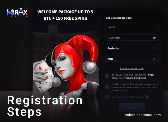 Step-by-step registration at Mirax Casino