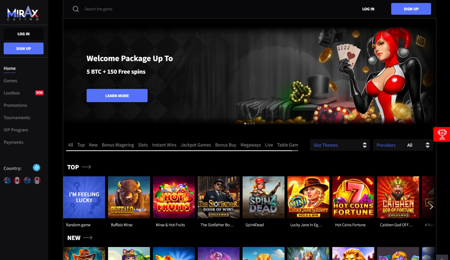 Screenshot of the Mirax Casino homepage