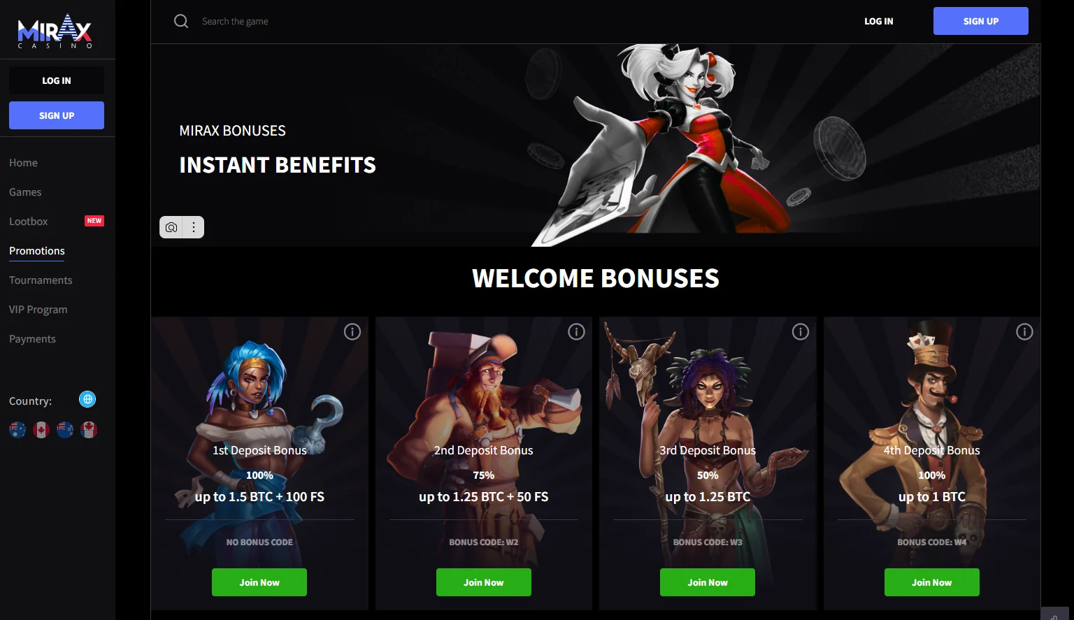 Screenshot of Mirax Casino bonus offers page