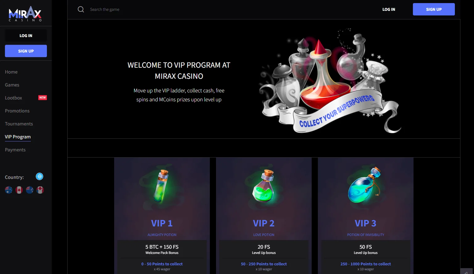 Screen of Mirax Casino VIP program