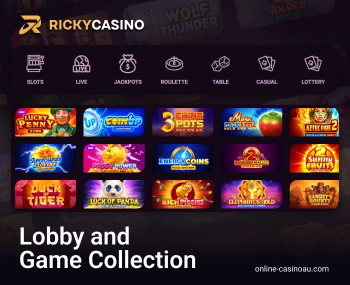 Categories of games at online Ricky Casino - pokies section