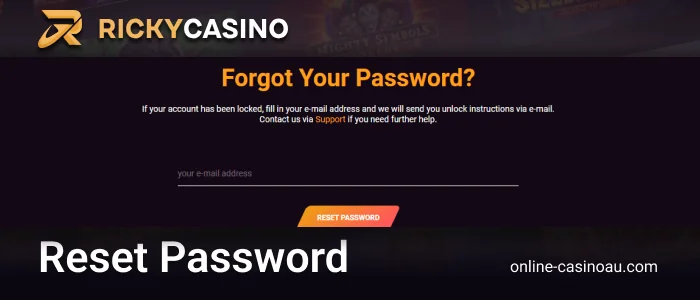 Ricky Casino password recovery form - how to regain access to your account