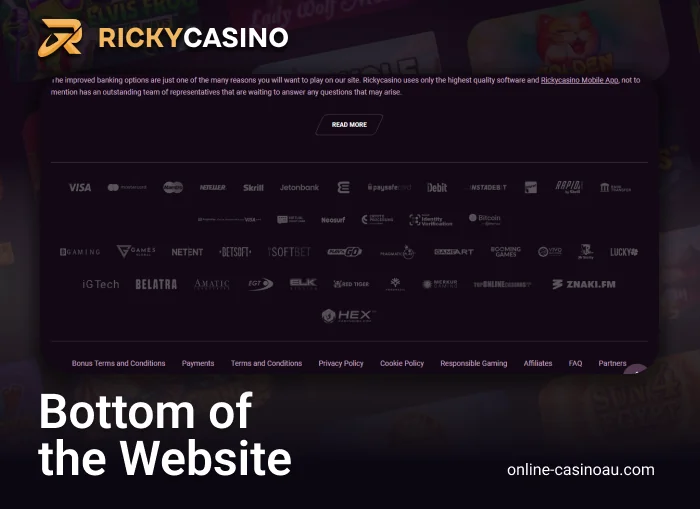 About the information in the footer of the Ricky Casino website - important links