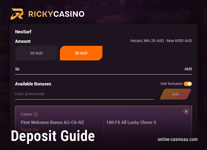 Depositing at Ricky Casino - Funding Process