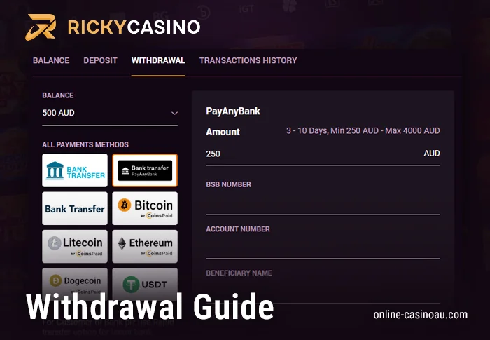 The process of withdrawing winnings from Ricky Casino