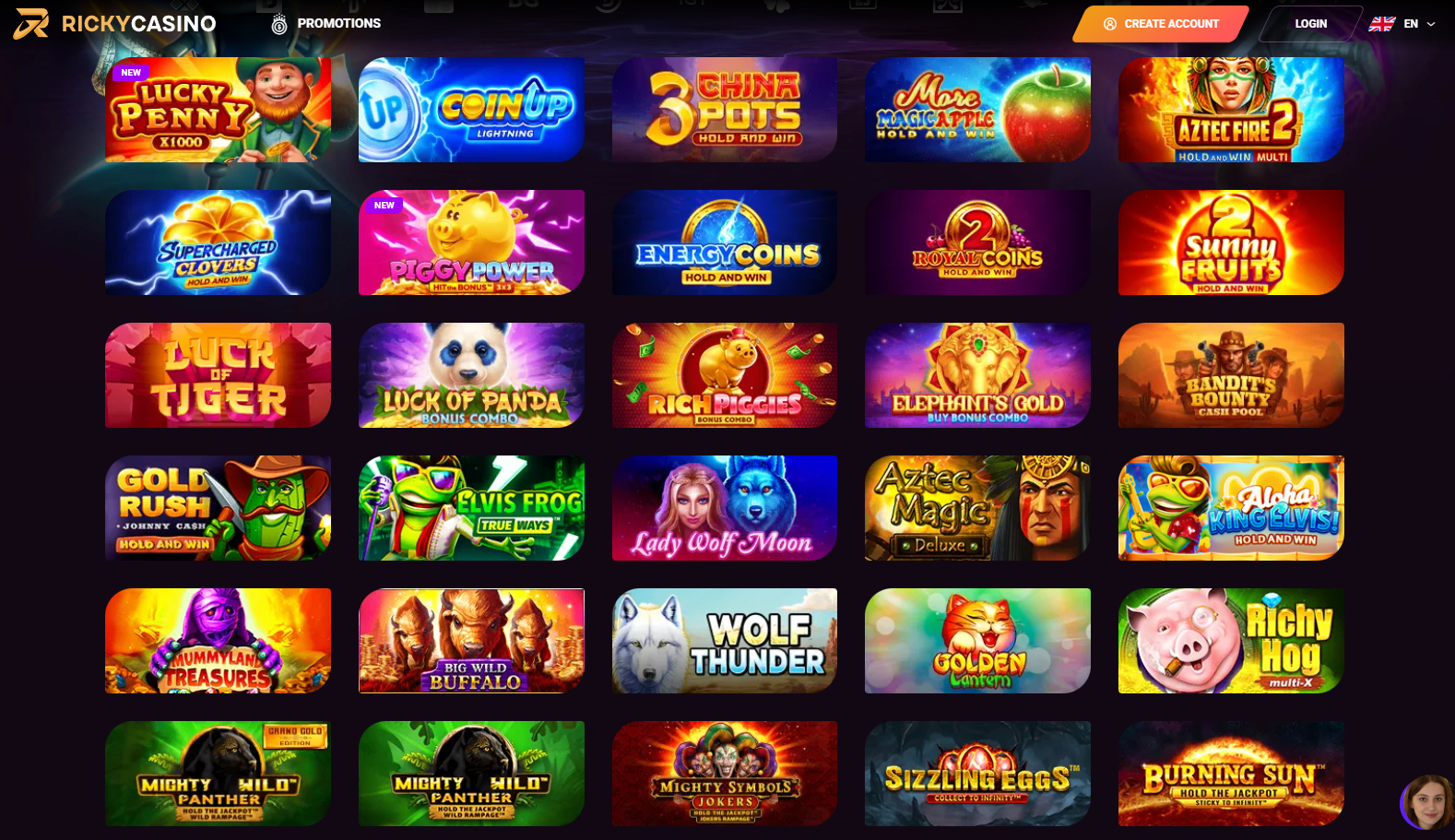 Screenshot of the online pokies section at Ricky Casino