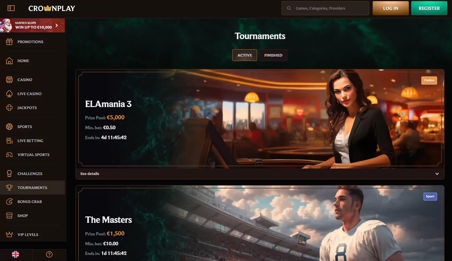 Screenshot of the tournaments section with Crownplay casino