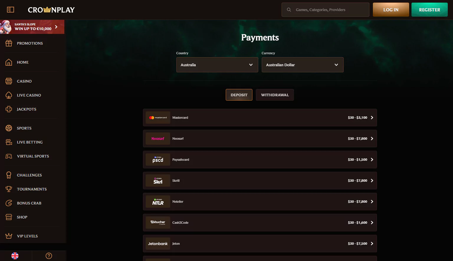 Screenshot of the current payment systems at Crownplay casino