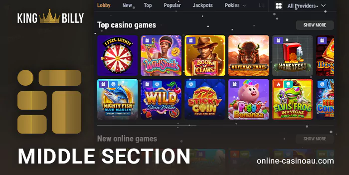 Gaming section of the King Billy website with games and categories