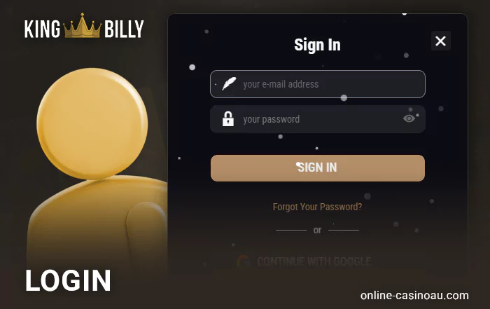 Instructions for authorization to King Billy casino account