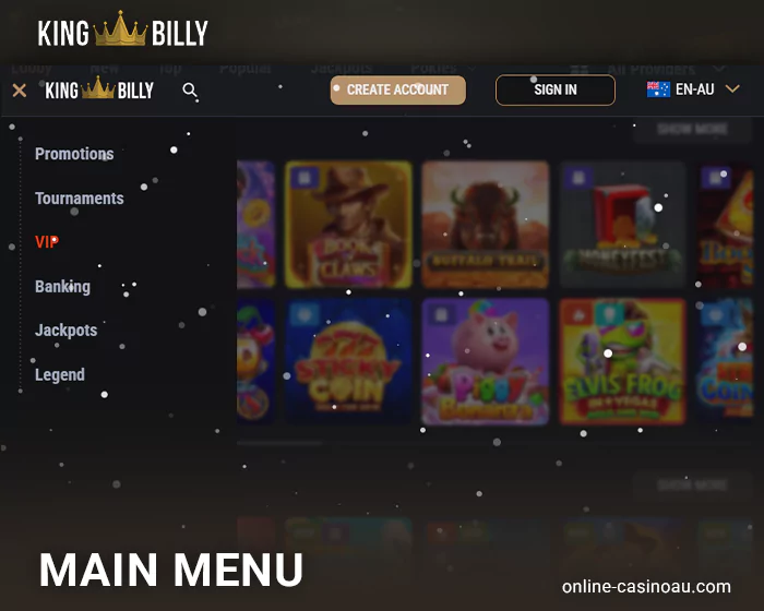 Side menu on the King Billy casino site and buttons for login and registration