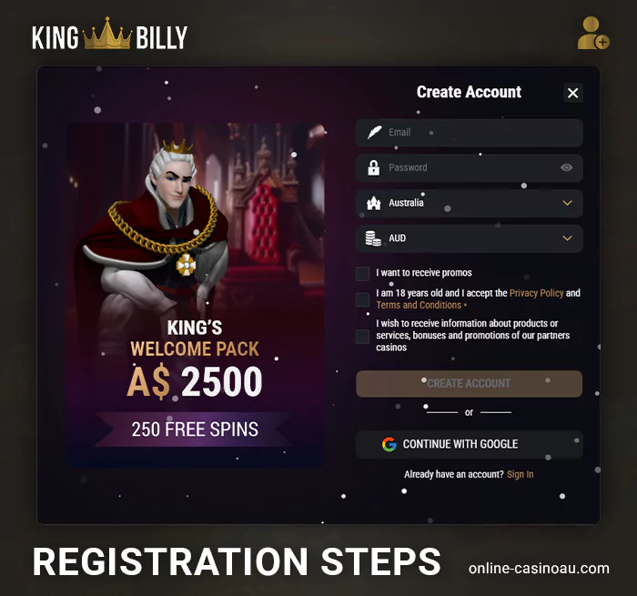 Register a new account at King Billy casino