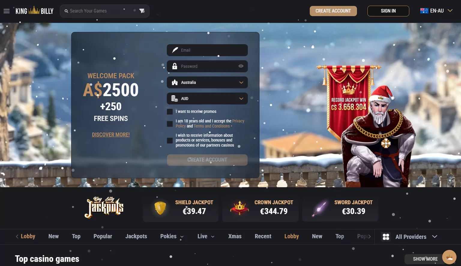 Screenshot of King Billy casino lobby