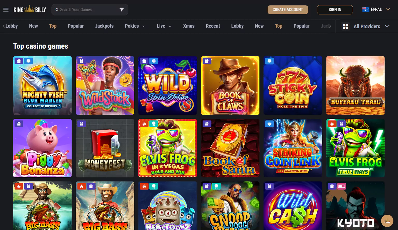 Screenshot of the online pokies section at King Billy Casino