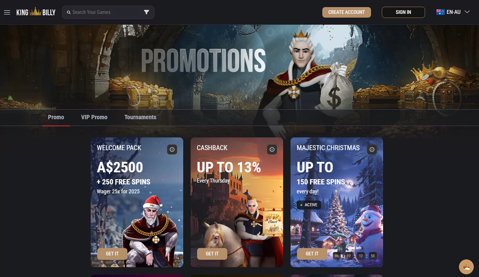 Screenshot of the bonus section at King Billy casino