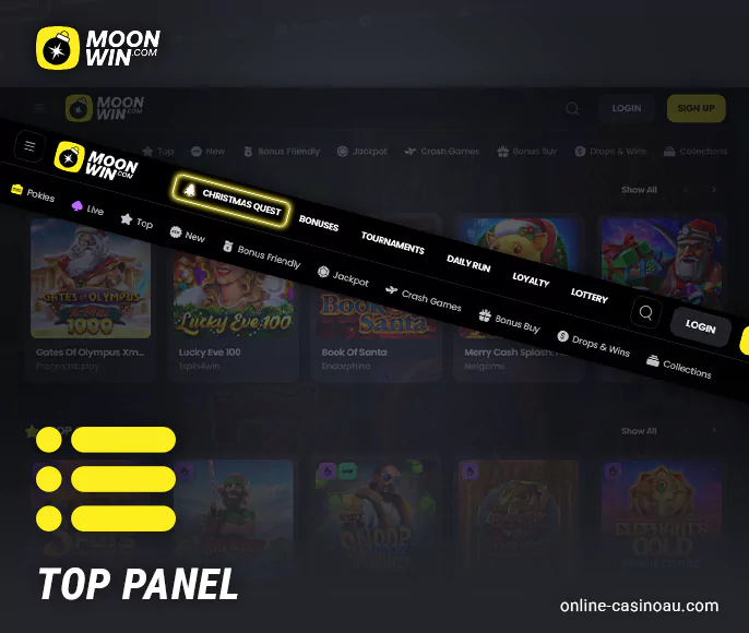 The top of the Moonwin Casino website is the menu and account panel