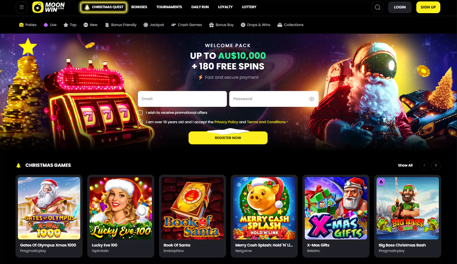 Screenshot of Moonwin Casino home page