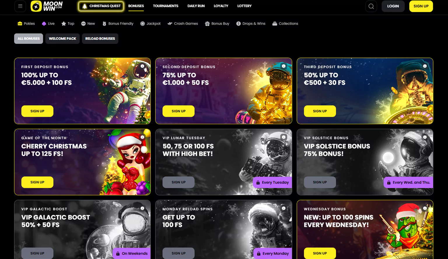 Screenshot of Moonwin Casino Bonus Offers page