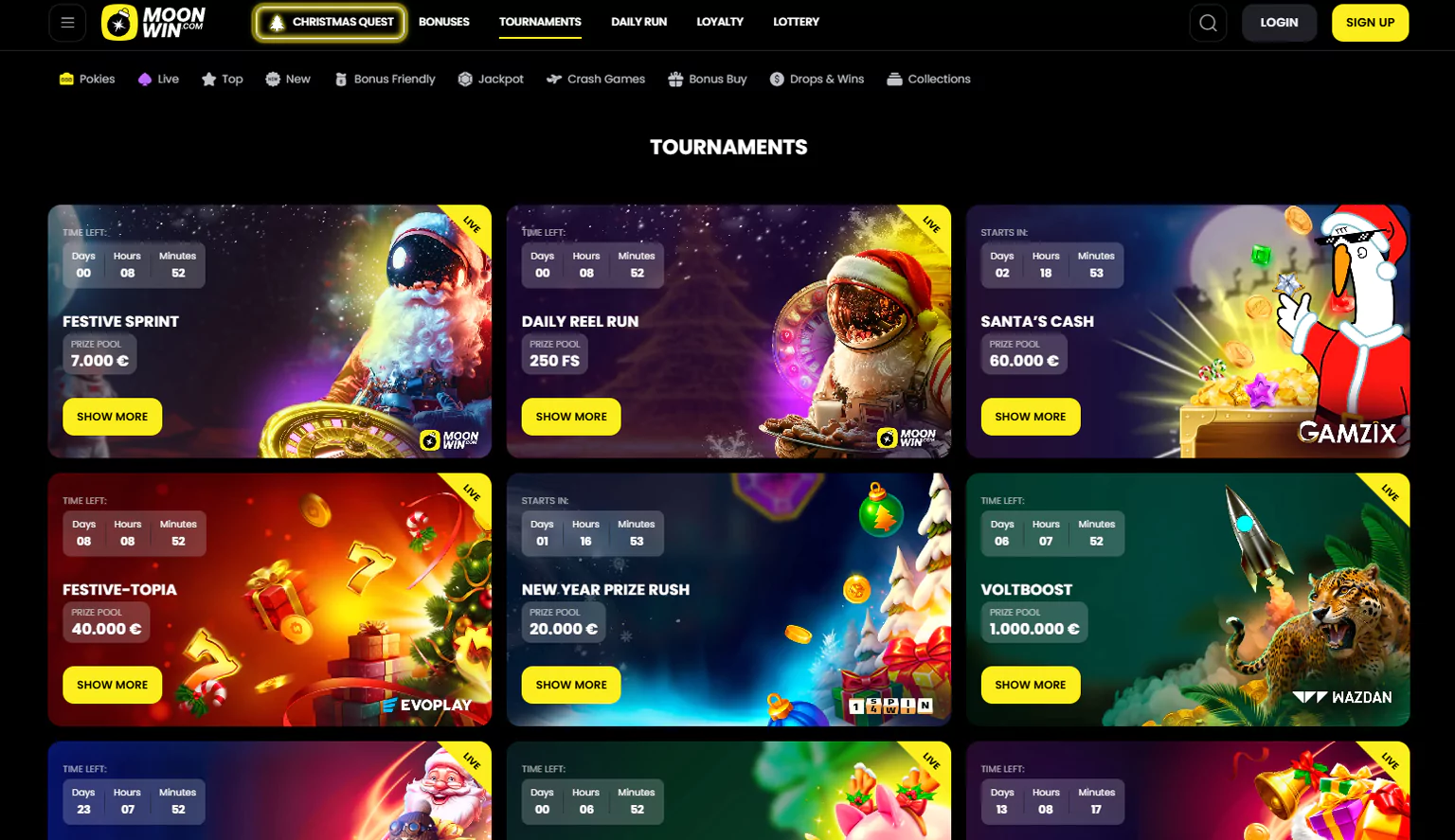 Screenshot of online tournaments with prize pools at Moonwin Casino