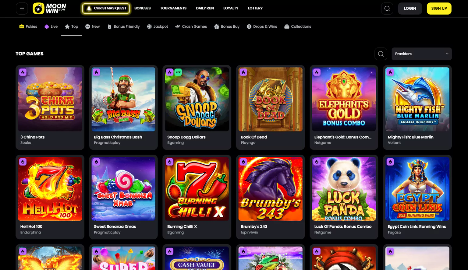 Screenshot of online casino games section at Moonwin Casino