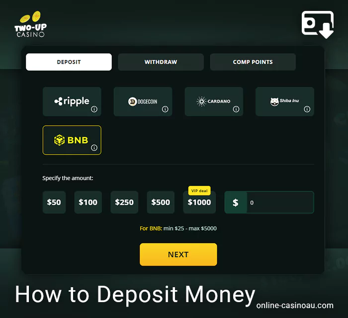 How to make a deposit at Two Up casino - instructions on how to fund your account