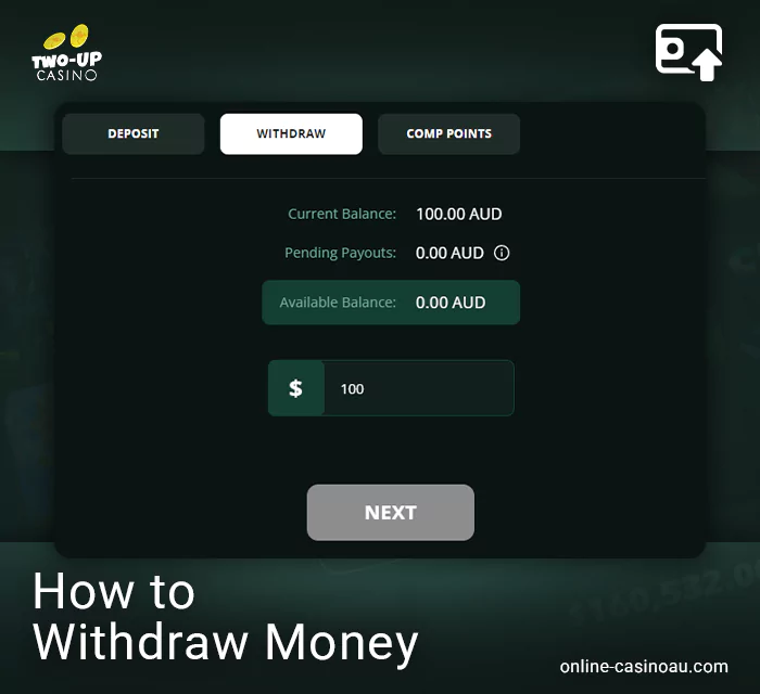 Instructions on how to withdraw money from Two Up casino