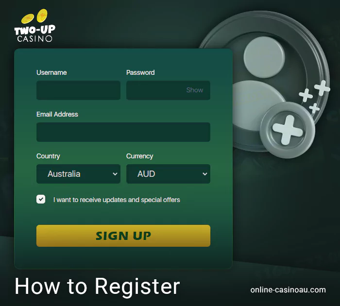 Register an account at Two Up Casino - step-by-step instructions