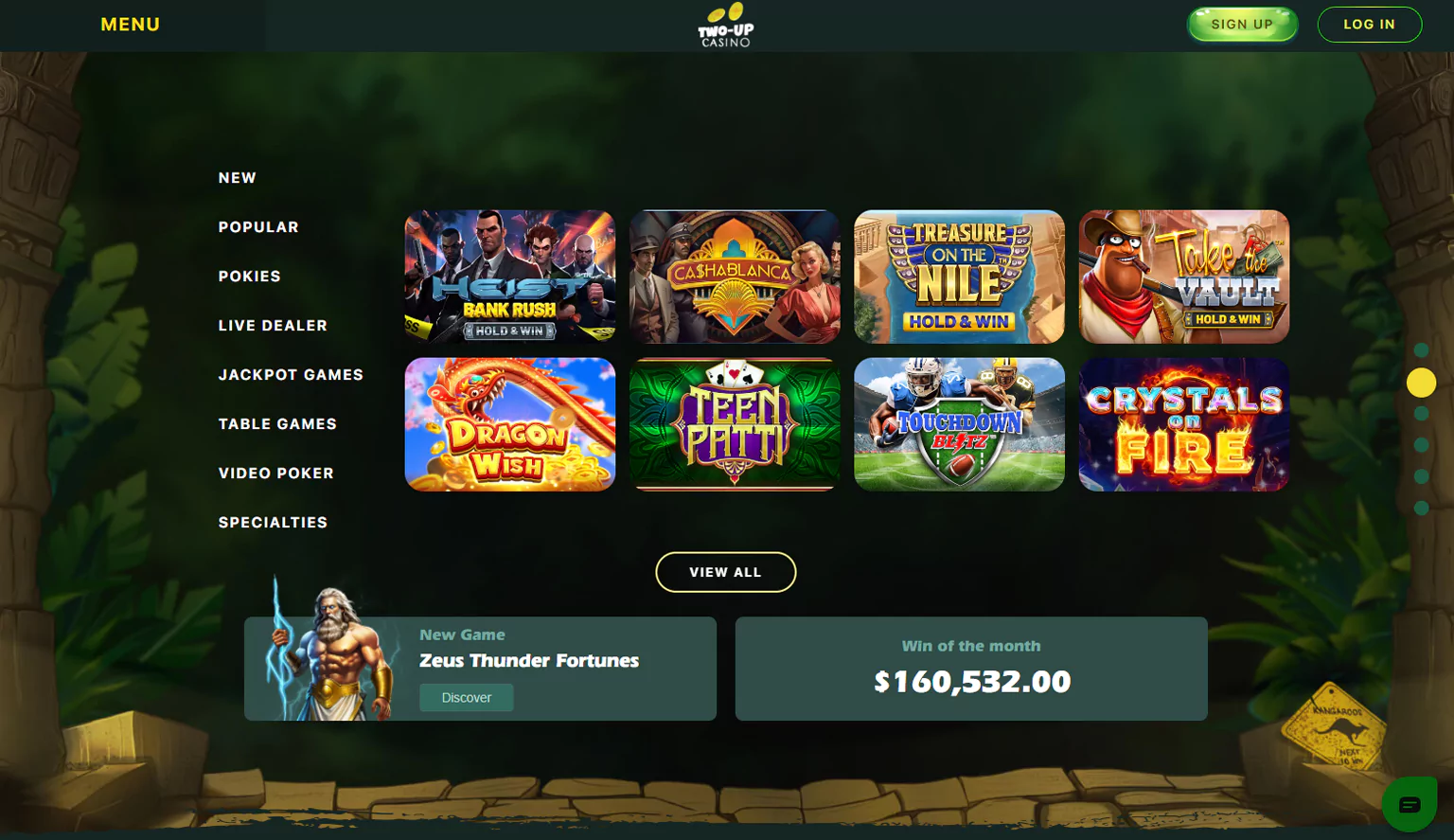 Screenshot of the online lobby of Two Up Real money Casino