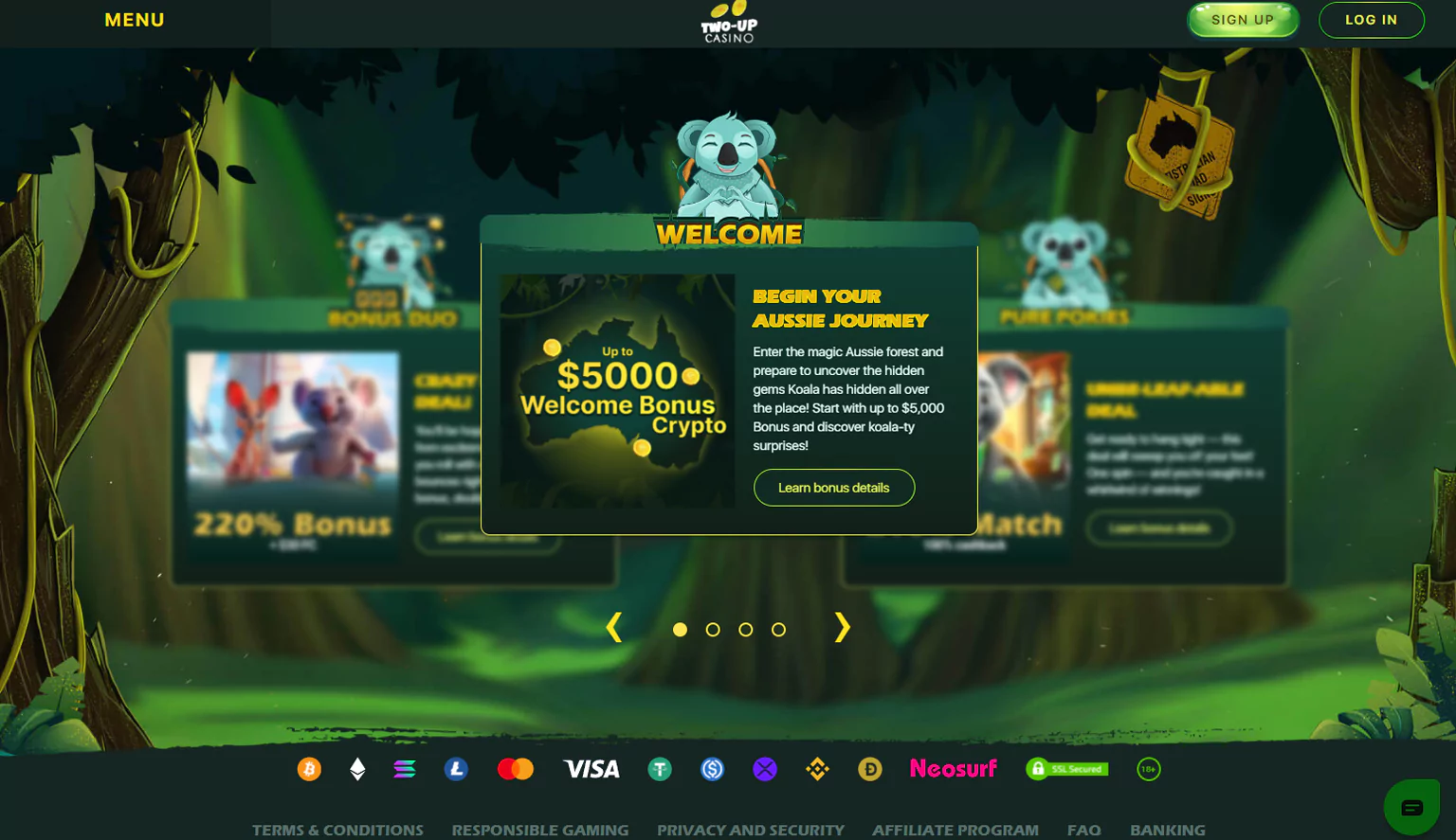 Screenshot of Two Up Casino promotion offers page