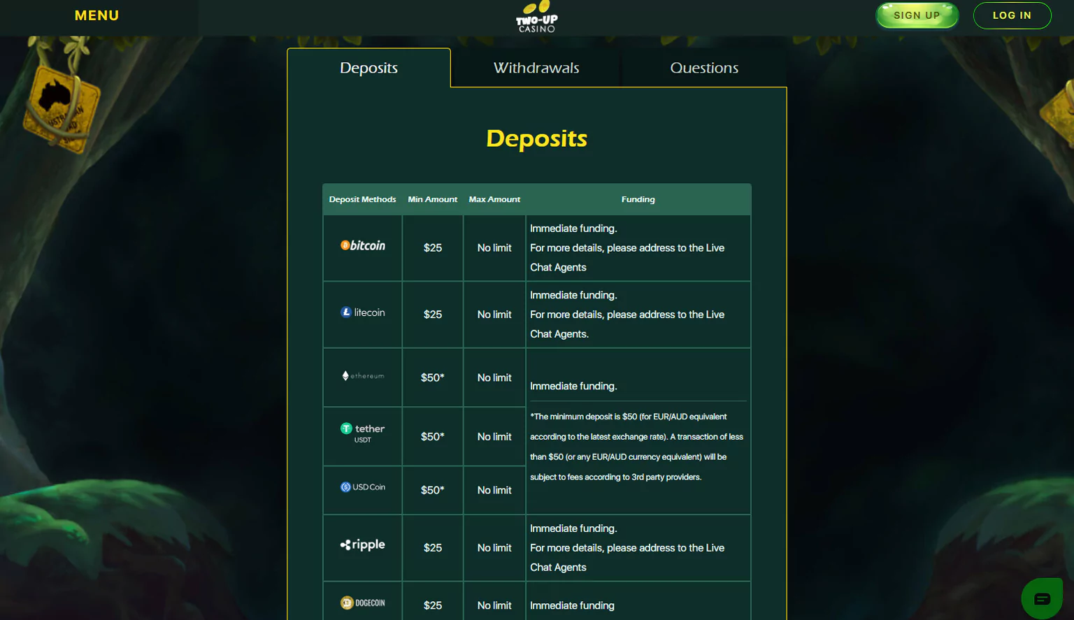 Screenshot of the actual payment systems page at Two Up Casino