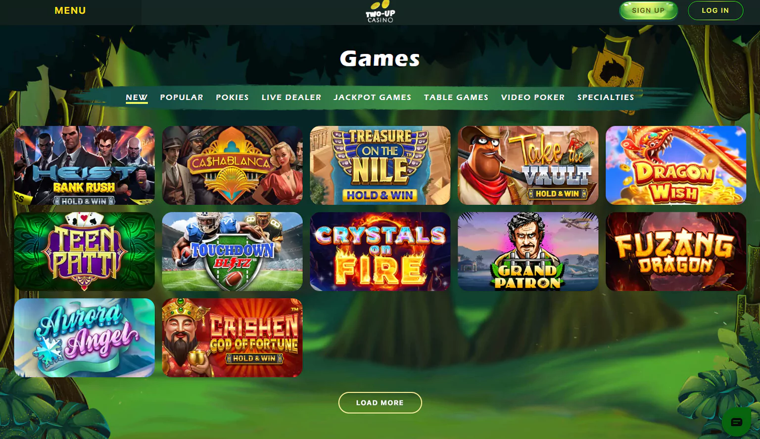 Screenshot of the games section of Two Up Casino