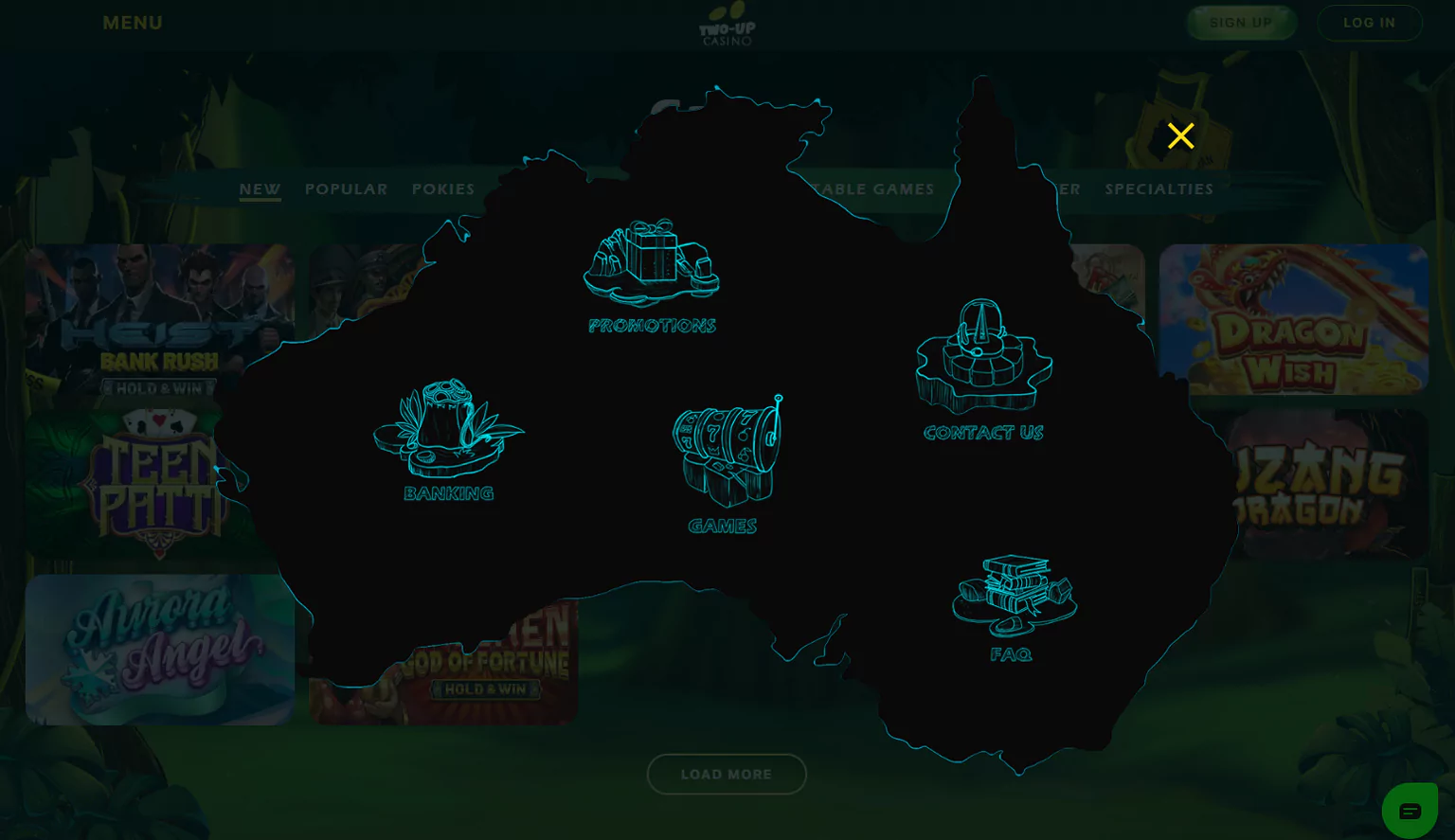 Screenshot of Two Up Casino website menu