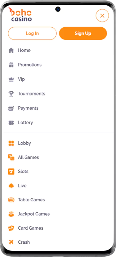 Screenshot of the menu at Boho Casino