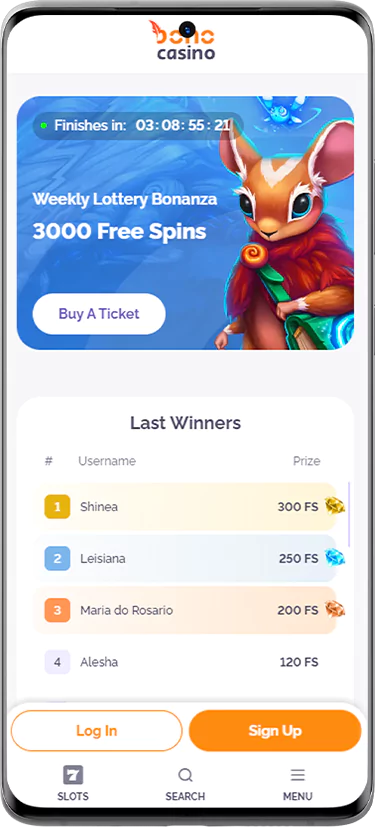 Screenshot of the Boho Casino player lottery page