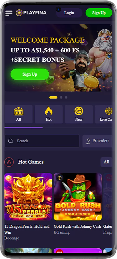 Screenshot of Playfina Casino homepage