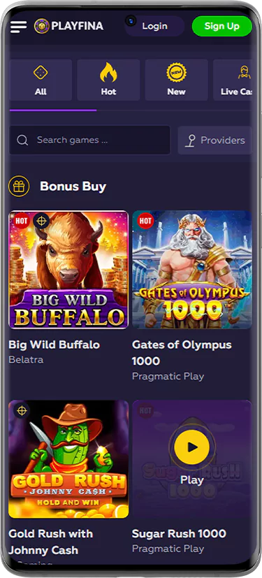 Screen section of casino games Playfina Casino