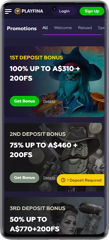 Screen of bonus offers for Playfina Casino players