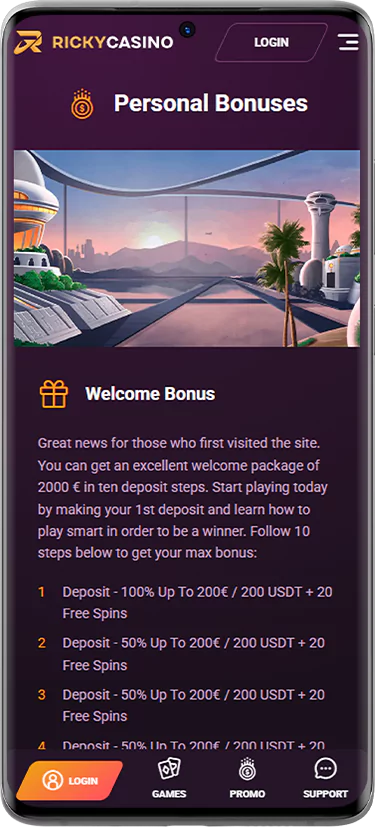 Screenshot of Ricky Casino bonus offers page