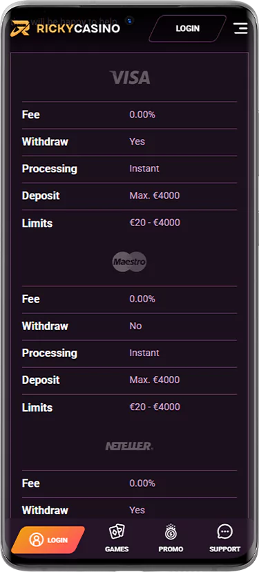 Screenshot of the page of actual payment systems at Ricky Casino