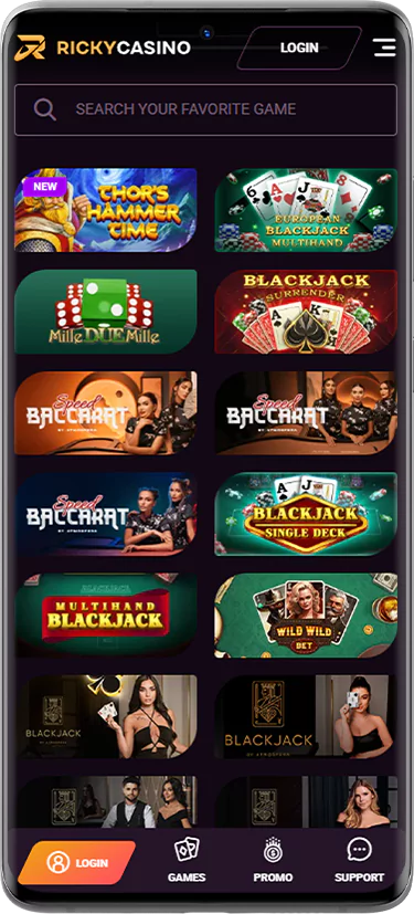 Screenshot of table games section on Ricky Casino website