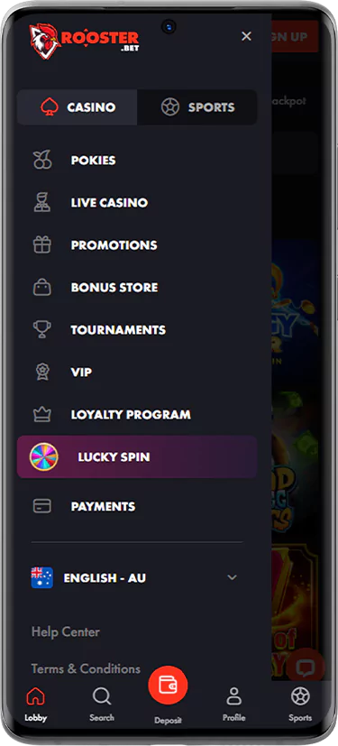 Screenshot of the main menu of the Rooster Bet website