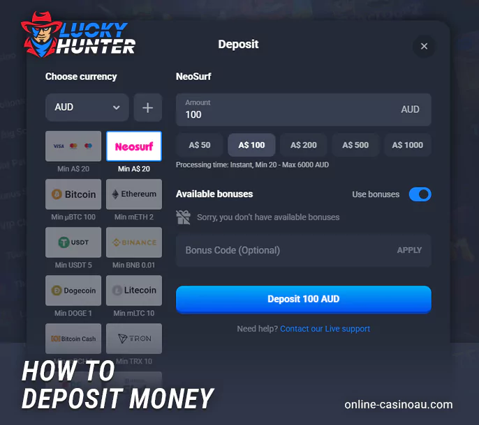 How to deposit in AUD currency at Lucky Hunter Casino