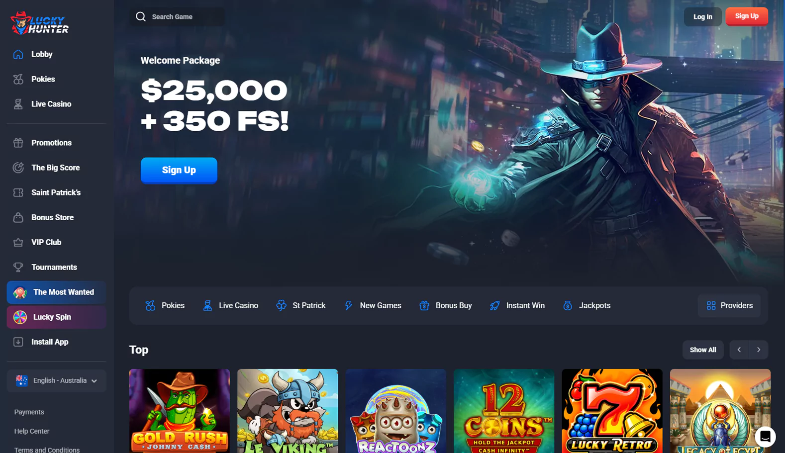 Screenshot of the home page of Lucky Hunter online casino